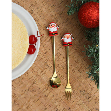 Set de Cubiertos Navideños de 6 Piezas, Cucharas y Tenedores con Mangos Decorativos, Diseño Santa Claus, Árboles y Reno, para Cena de Navidad