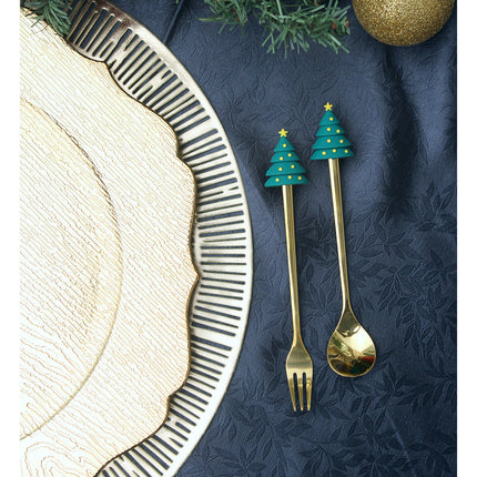Set de Cubiertos Navideños de 6 Piezas, Cucharas y Tenedores con Mangos Decorativos, Diseño Santa Claus, Árboles y Reno, para Cena de Navidad