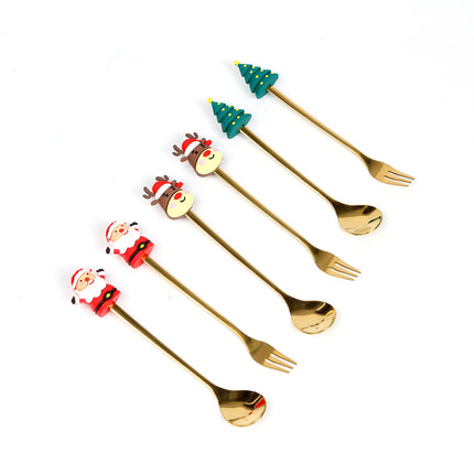 Set de Cubiertos Navideños de 6 Piezas, Cucharas y Tenedores con Mangos Decorativos, Diseño Santa Claus, Árboles y Reno, para Cena de Navidad