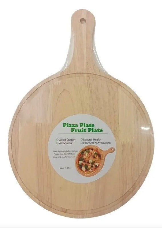 Plato para Pizza 28 cm de Madera con mango, Tabla Individual para Servir, Ideal para Cocina, Restaurante, Botanas y Postres