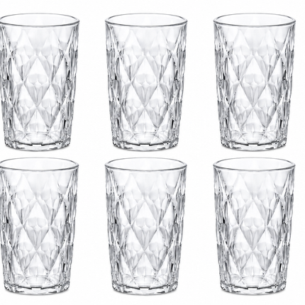 Set de 6 Vasos de Vidrio Transparente de 400 ml con Diseño Tallado Tipo Diamante para Agua, Jugos, Refrescos, Whisky y Cócteles