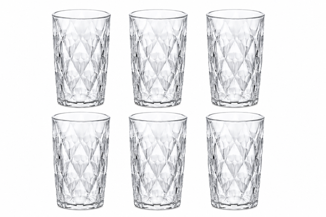 Set de 6 Vasos de Vidrio Transparente de 400 ml con Diseño Tallado Tipo Diamante para Agua, Jugos, Refrescos, Whisky y Cócteles