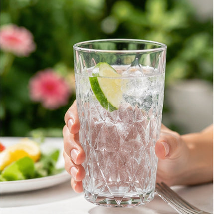 Set de 6 Vasos de Vidrio Transparente de 400 ml con Diseño Tallado Tipo Diamante para Agua, Jugos, Refrescos, Whisky y Cócteles