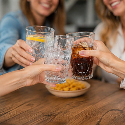 Set de 6 Vasos de Vidrio Transparente de 400 ml con Diseño Tallado Tipo Diamante para Agua, Jugos, Refrescos, Whisky y Cócteles