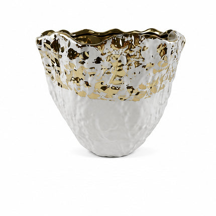 arrón Decorativo de Cerámica Blanco con Detalles Dorados, Florero Moderno con Acabado Texturizado, Diseño Elegante para Decoración del Hogar, 18 cm