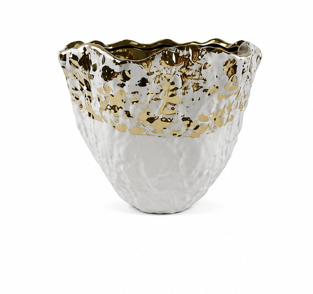Jarrón Decorativo de Cerámica Blanco con Detalles Dorados, Florero Moderno con Acabado Texturizado, Diseño Elegante para Decoración del Hogar, 18 cm