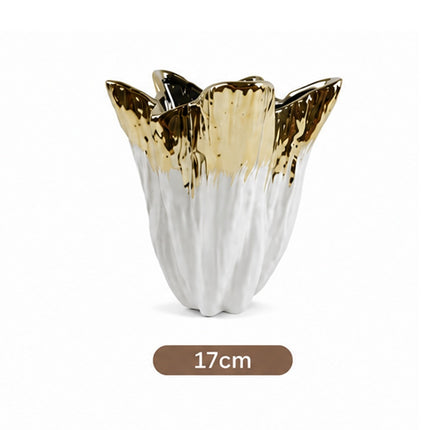 Florero Decorativo de Cerámica Blanco con Acabado Dorado – 17 cm