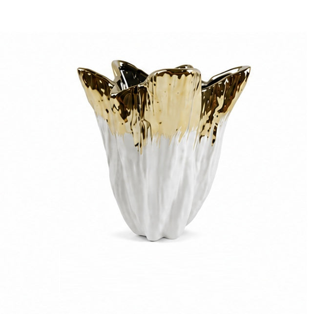 Florero Decorativo de Cerámica Blanco con Acabado Dorado – 17 cm
