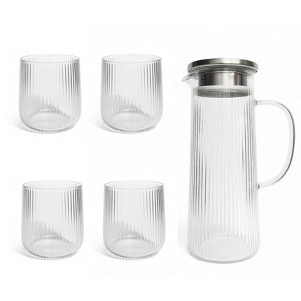 Jarra de Vidrio con 4 Vasos  – Set para Agua, Jugos, Limonada y Bebidas Frías – Elegante y Resistente