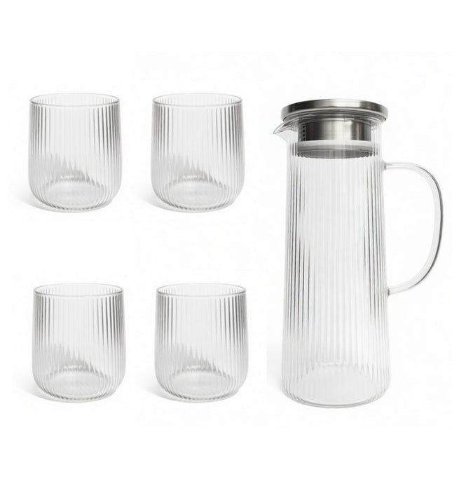 Jarra de Vidrio con 4 Vasos  – Set para Agua, Jugos, Limonada y Bebidas Frías – Elegante y Resistente