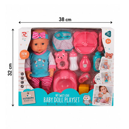 Muñeca Bebé con Accesorios de Alimentación y Cuidado, Set de Juego de 12 Piezas, 38 x 32 cm, Juguete para Niñas y Niños