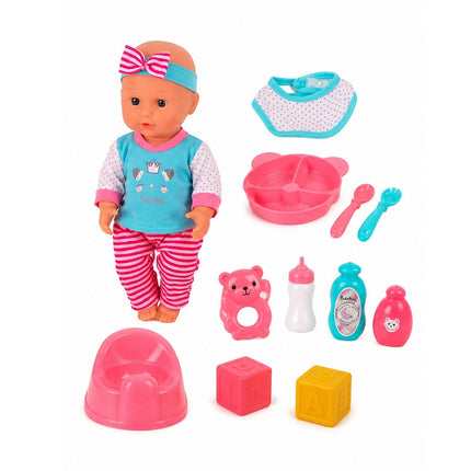Muñeca Bebé con Accesorios de Alimentación y Cuidado, Set de Juego de 12 Piezas, 38 x 32 cm, Juguete para Niñas y Niños