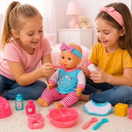 Muñeca Bebé con Accesorios de Alimentación y Cuidado, Set de Juego de 12 Piezas, 38 x 32 cm, Juguete para Niñas y Niños
