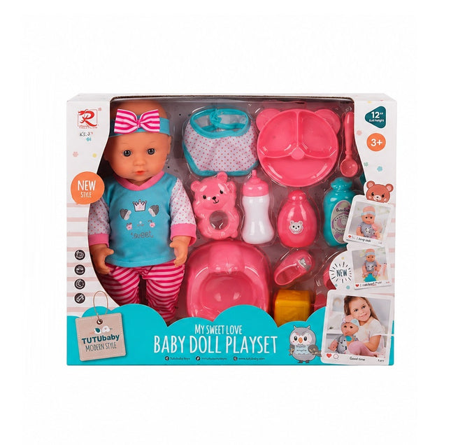 Muñeca Bebé con Accesorios de Alimentación y Cuidado, Set de Juego de 12 Piezas, 38 x 32 cm, Juguete para Niñas y Niños