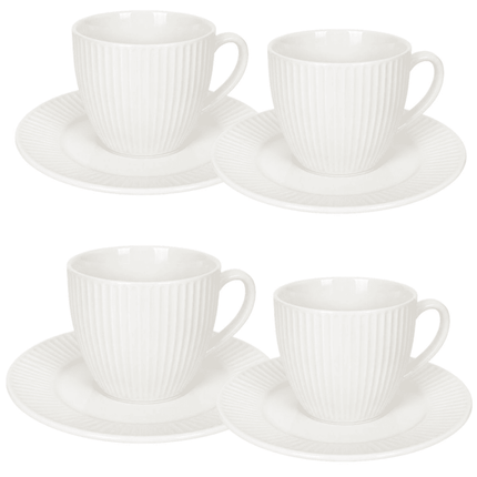 Juego de 4 Tazas de Cerámica con 4 Platos para Café, Diseño Texturizado Blanco, Set de 8 Piezas