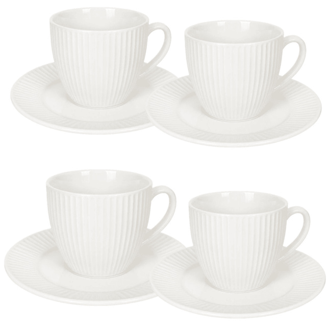 Juego de 4 Tazas de Cerámica con 4 Platos para Café, Diseño Texturizado Blanco, Set de 8 Piezas