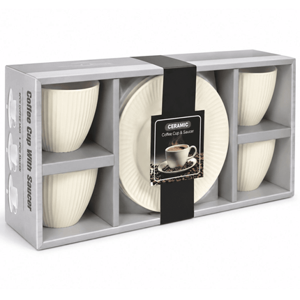 Juego de 4 Tazas de Cerámica con 4 Platos para Café, Diseño Texturizado Blanco, Set de 8 Piezas