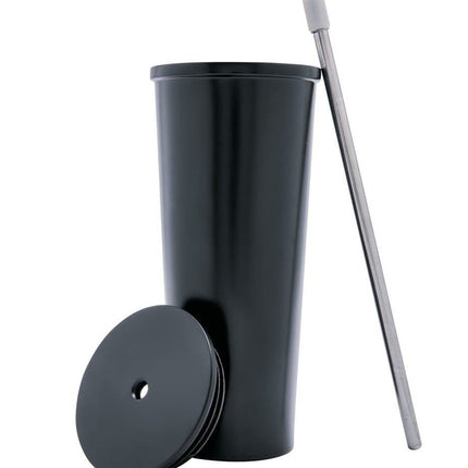 Vaso de  Acero inoxidable con tapa y popote metalico TMPS 149