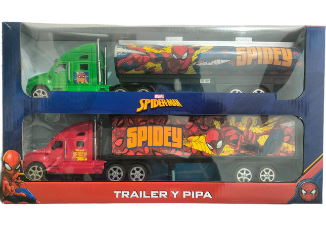 Set de Tráiler y Pipa de Juguete Spiderman – Vehículo de Fricción Multicolor 37 cm, Ideal para Juegos y Colección  T378004-S