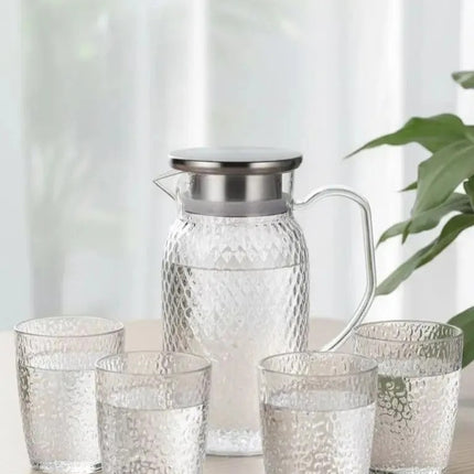 Jarra de Vidrio con 4 Vasos Transparentes – Set para Agua, Jugos, Limonada y Bebidas Frías – Elegante y Resistente