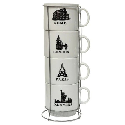 Set de 4 Tazas de Cerámica con Soporte Metálico, Diseño de Ciudades, 24 x 10 cm para Café, Té y Chocolate