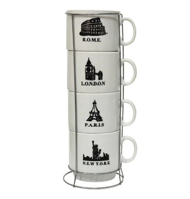 Set de 4 Tazas de Cerámica con Soporte Metálico, Diseño de Ciudades, 24 x 10 cm para Café, Té y Chocolate