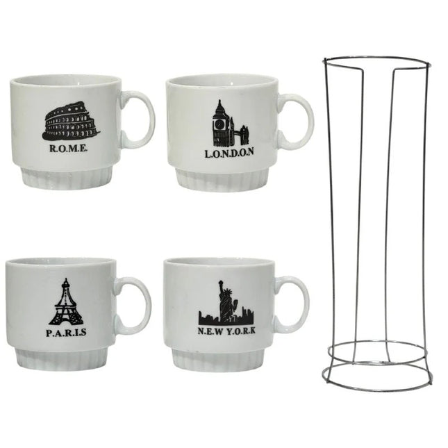 Set de 4 Tazas de Cerámica con Soporte Metálico, Diseño de Ciudades, 24 x 10 cm para Café, Té y Chocolate