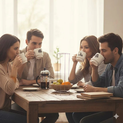 Set de 4 Tazas de Cerámica con Soporte Metálico, Diseño de Ciudades, 24 x 10 cm para Café, Té y Chocolate
