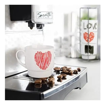 Set de 4 Tazas de Cerámica con Soporte Metálico, Diseño Love, 24 x 10 cm para Café, Té, Chocolate e Infusiones