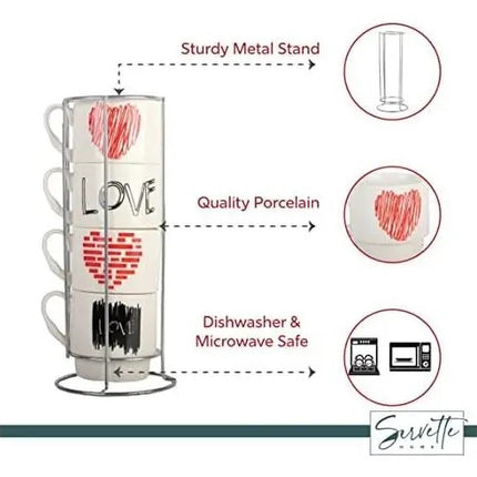 Set de 4 Tazas de Cerámica con Soporte Metálico, Diseño Love, 24 x 10 cm para Café, Té, Chocolate e Infusiones