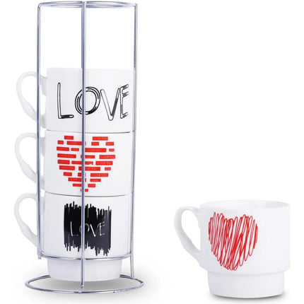 Set de 4 Tazas de Cerámica con Soporte Metálico, Diseño Love, 24 x 10 cm para Café, Té, Chocolate e Infusiones