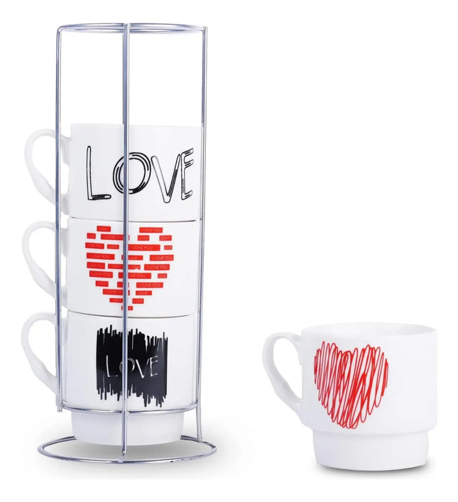 Set de 4 Tazas de Cerámica con Soporte Metálico, Diseño Love, 24 x 10 cm para Café, Té, Chocolate e Infusiones