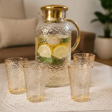 Jarra de Vidrio con 4 Vasos  – Set para Agua, Jugos, Limonada y Bebidas Frías – Elegante y Resistente