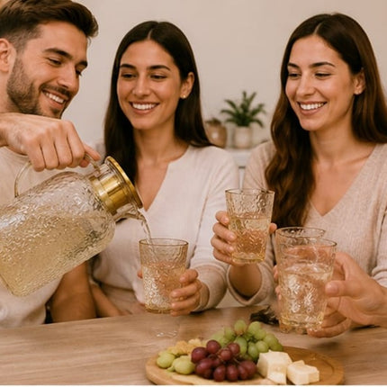 Jarra de Vidrio con 4 Vasos  – Set para Agua, Jugos, Limonada y Bebidas Frías – Elegante y Resistente
