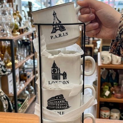 Set de 4 Tazas de Cerámica con Soporte Metálico, Diseño de Ciudades, 24 x 10 cm para Café, Té y Chocolate