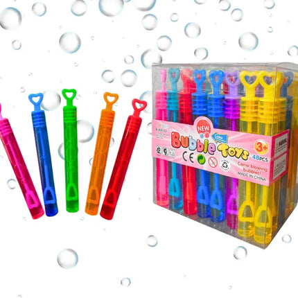 Caja 48 Varitas de Burbujas Multicolor con Tapa de corazón 10 cm, 48 Piezas, pompas de jabón para Fiestas Infantiles, piñatas, dulceros, cumpleaños y Recuerdos