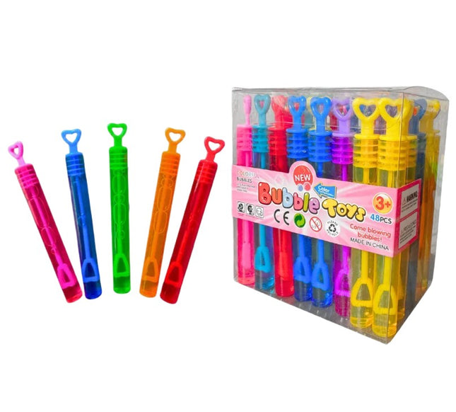 Caja 48 Varitas de Burbujas Multicolor con Tapa de corazón 10 cm, 48 Piezas, pompas de jabón para Fiestas Infantiles, piñatas, dulceros, cumpleaños y Recuerdos