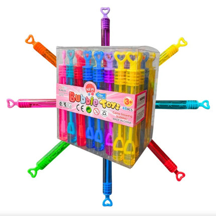 Caja 48 Varitas de Burbujas Multicolor con Tapa de corazón 10 cm, 48 Piezas, pompas de jabón para Fiestas Infantiles, piñatas, dulceros, cumpleaños y Recuerdos