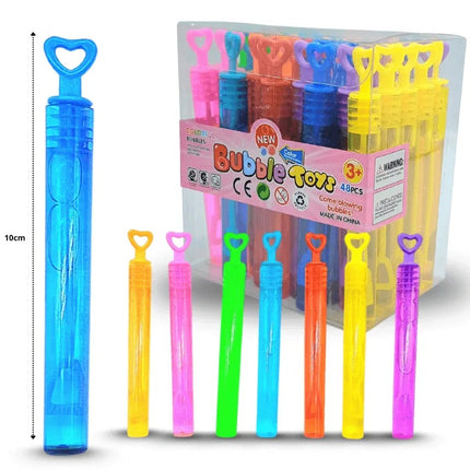 Caja 48 Varitas de Burbujas Multicolor con Tapa de corazón 10 cm, 48 Piezas, pompas de jabón para Fiestas Infantiles, piñatas, dulceros, cumpleaños y Recuerdos