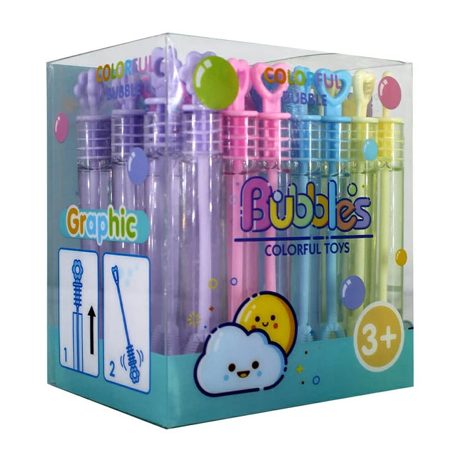 Caja 48 Varitas de Burbujas Multicolor con Tapa de corazón 10 cm, 48 Piezas, pompas de jabón para Fiestas Infantiles, piñatas, dulceros, cumpleaños y Recuerdos
