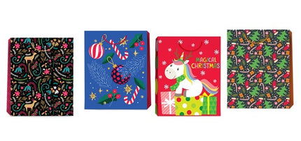 4 Bolsas de Regalo Navidad 13x10 pulg fiestas navidad unicornio, caramelo, pino