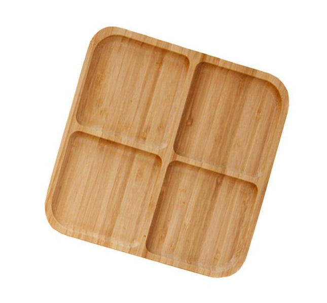 Charola de Madera de Bambú 25 x 25 cm con 4 Compartimentos, Bandeja Organizadora para Botanas, Sushi y Aperitivos