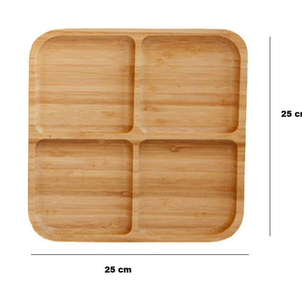 Charola de Madera de Bambú 25 x 25 cm con 4 Compartimentos, Bandeja Organizadora para Botanas, Sushi y Aperitivos