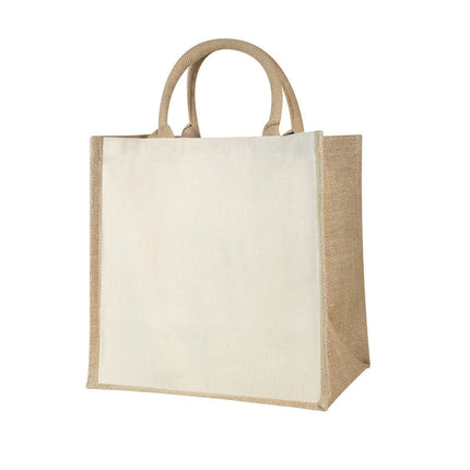 Bolsa de Yute con Fuelle y Asas Redondeadas, Tote Bag de Canvas y Algodón para Compras, Playa, Piscina, Picnic y Uso Diario, Diseño Natural y Resistente, 30 x 30 x 19 cm