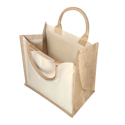Bolsa de Yute con Fuelle y Asas Redondeadas, Tote Bag de Canvas y Algodón para Compras, Playa, Piscina, Picnic y Uso Diario, Diseño Natural y Resistente, 30 x 30 x 19 cm