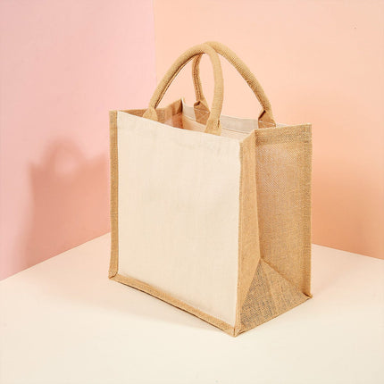 Bolsa de Yute con Fuelle y Asas Redondeadas, Tote Bag de Canvas y Algodón para Compras, Playa, Piscina, Picnic y Uso Diario, Diseño Natural y Resistente, 30 x 30 x 19 cm