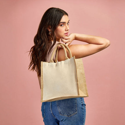 Bolsa de Yute con Fuelle y Asas Redondeadas, Tote Bag de Canvas y Algodón para Compras, Playa, Piscina, Picnic y Uso Diario, Diseño Natural y Resistente, 30 x 30 x 19 cm