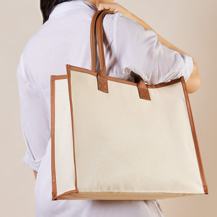 Bolsa de Canvas con Fuelle y Asas de Curpiel, Tote Bag con Broche Magnético y Bolsillo Interior, Diseño Sofisticado y Elegante para Uso Diario, Compras y Trabajo