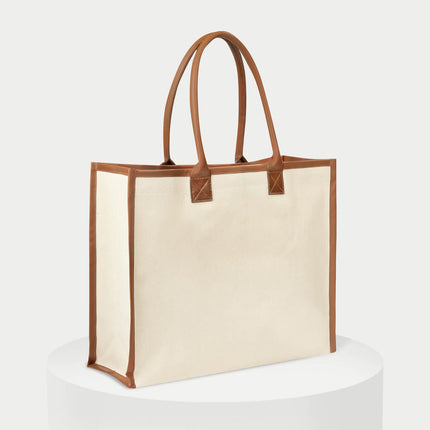 Bolsa de Canvas con Fuelle y Asas de Curpiel, Tote Bag con Broche Magnético y Bolsillo Interior, Diseño Sofisticado y Elegante para Uso Diario, Compras y Trabajo