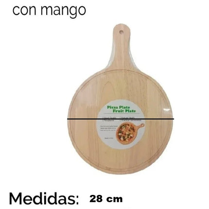 Plato para Pizza 28 cm de Madera con mango, Tabla Individual para Servir, Ideal para Cocina, Restaurante, Botanas y Postres
